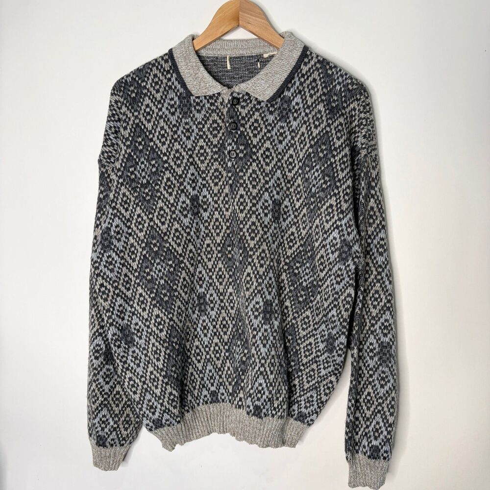 Vintage Sweater Grandpacore Grandpa Gray Collared Argyle Men Size L / XL
